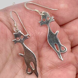 Cat Earrings, Sterling Silver, Vintage Earrings, Retro Cats, Mod, Long Earrings